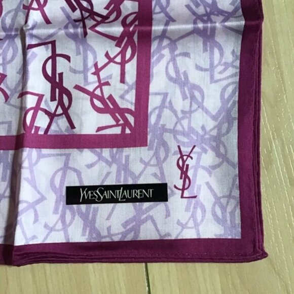 New Yves Saint Laurent Bandana Handkerchief Scarf YSL Logo All Over Purple - Picture 3 of 3